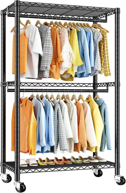 Raybee Clothing Rack with Wheels,Clothes Rack for Hanging Clothes,Portable Closet,2 Shelves,Black