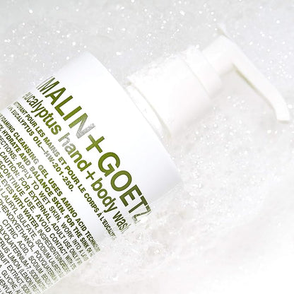 Malin + Goetz Eucalyptus Hand + Body Wash natural cleansing, purifying, hydrating hand & body wash. all skin types, dry, irritated, sensitive. No stripping/irritation. Cruelty-free & vegan 16 Fl oz