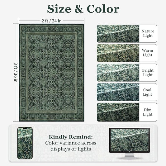 Jainmy Dark Green 2x3 Small Rugs for Entryway, Washable Non Slip Door Mat Indoor Entrance, Vintage Boho Floral Moroccan Printed Entry Rugs for Inside House Kitchen Bathroom, Low Pile Ultra Thin Soft