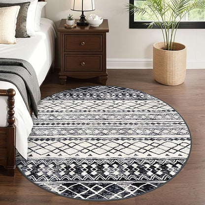 KUTA 6Ft Round Boho Rug for Living Room, Moroccan Washable Circle Area Rugs Non Slip, Black Navy Blue Soft Geometric Bedroom Throw Low-Pile Carpet for Nursery Dorm