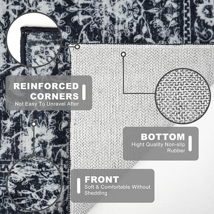 KILOCOCO Hallway Runner 2x7 Rug Runner Printed Vintage Floral Washable Kitchen Runners Non-slip Rubber Backed Runners for Hallways Distressed Thin Soft Rugs for Entryway Laundry Room, Black/Navy/White