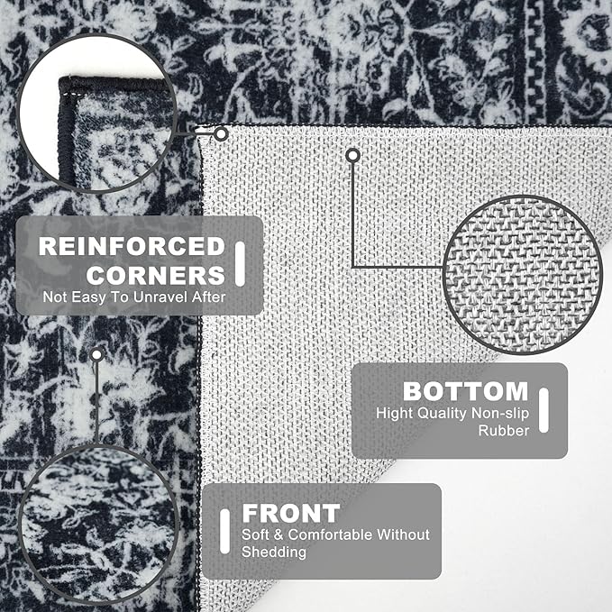 KILOCOCO Washable Runner 2x5 Rug Runner Printed Vintage Floral Kitchen Runners Non-Slip Rubber Backed Runners for Hallways Distressed Thin Soft Rugs for Entryway Laundry Room, Black/Navy/White