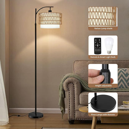 Arc Black Floor Lamp for Living Room with Remote,Dimmable LED Floor Lamp with 3 Color Temperature,Farmhouse Boho Standing Lamp with Rattan Wicker Shade,Adjustable Tall Lamp for Bedroom Office Corner