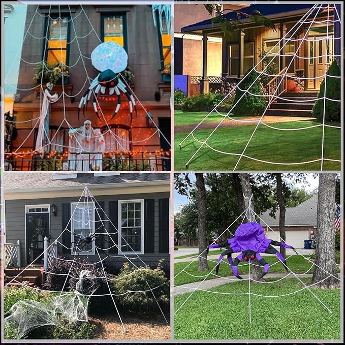 390 LED Halloween Spider Web Lights Decor, 5m Giant Net Lights with 26m Light Chain & Remote Control (8 Light Modes & Timer), Decoration for Garden Indoor Outdoor, Red