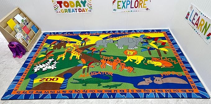 Animals at The Zoo Nylon Area Rug, 7'6" x 12', Multicolored, Educational Classroom Rug, Kids Learning Play Mat | Area Rug for Bedroom or Playroom