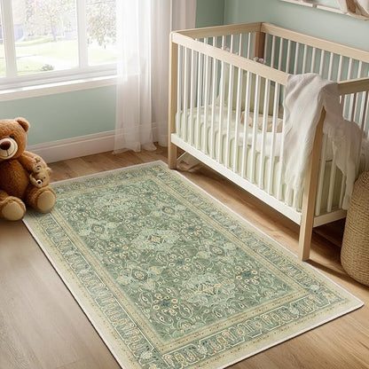 Sage Green 3x5 Entryway Rug Indoor, Boho Floral Moroccan Pattern Printed Throw Rugs for Nursery Bedroom Bedside, Low Pile Thin Non Slip Washable Area Rug for Kitchen Foyer Mudroom Dorm