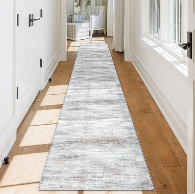 KOZYFLY Modern Abstract Kitchen Runner Rug, 2x12 Washable Rug Runner Non-Slip Soft Striped Hallway Runner Rugs, Beige Print Carpet Runner for Entryway Bathroom Laundry Room Foyer
