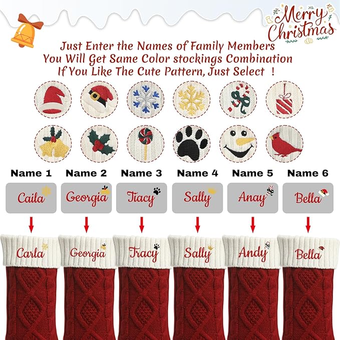 Personalized Christmas Stockings,Custom Embroidered Name+Logo Xmas Knitted Stockings 18'',Holiday and Family Stocking for Fireplace Christmas Holiday Party Decoration 1-6Pack（Red White）
