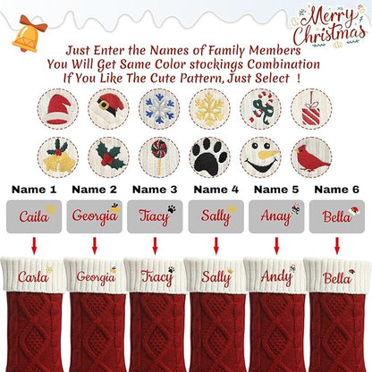 Personalized Christmas Stockings,Custom Embroidered Name+Logo Xmas Knitted Stockings 18'',Holiday and Family Stocking for Fireplace Christmas Holiday Party Decoration 1-6Pack（Red White）