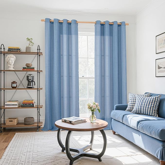 YoungsTex Denim Blue Linen Curtains 95 Inch Length for Living Room, Semi Sheer Window Drapes with Bronze Grommet Privacy Light Filtering for Farmhouse Office Bedroom, 52 x 95 Inch, 2 Panels