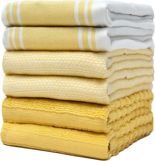 Premium Kitchen Towels (20”x 28”, 6 Pack) | Large Cotton Dish Towels | Flat & Terry Highly Absorbent Kitchen Linen Set with Hanging Loop | Wide Stripe Yellow