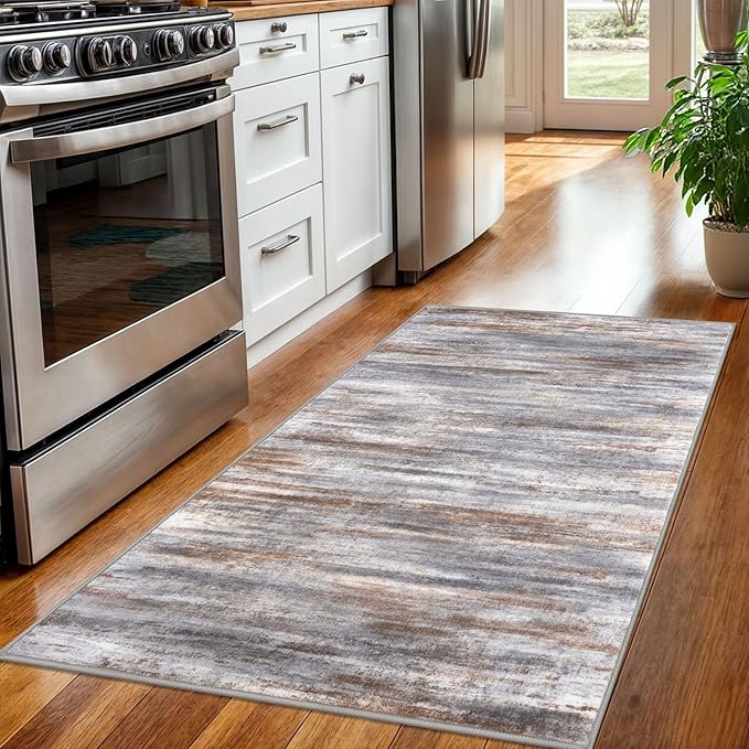 KOZYFLY Modern Abstract 3x5 Area Rug Washable Bedroom Rug Grey Brown, Throw Entry Mat Non-Slip Stain Resistant Carpet Dining Room Rug with Soft Low Pile for Living Room Kitchen Bath Office