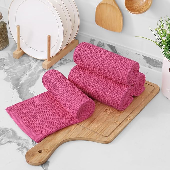 Kitinjoy 100% Cotton Waffle Weave Kitchen Towels, 6-Pack Super Soft and Absorbent Dish Towels for Drying Dishes, Kitchen Hand Towels, 13 in x 28 in, Hot Pink