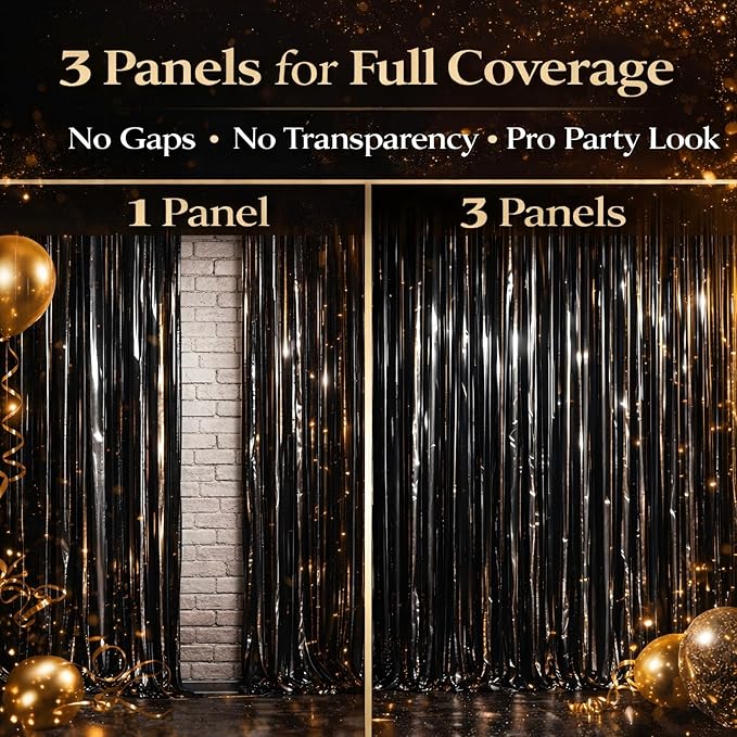 Glossy Black Foil Fringe Curtains – 3 Pack Metallic Tinsel Backdrop for New Year’s Eve & Party Decorations, 3.2 x 8.2 ft, Easy Peel & Stick, Party Photo Background