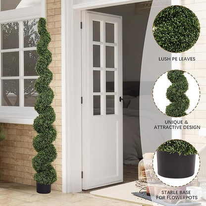 THE BLOOM TIMES 7 Foot Large Spiral Topiary Trees Artificial Outdoor Set of 2, Faux Boxwood Plants Outside - All-Year Green Fake Tall Tree for Home Office Front Porch Planter Decor 7ft