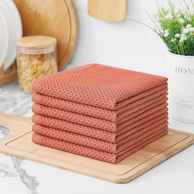Kitinjoy 100% Cotton Kitchen Dish Cloths, 12 Pack Waffle Weave Ultra Soft Absorbent Dish Towels for Drying Dishes Quick Drying Kitchen Towels Dish Rags, 12 X 12 Inches, Coral