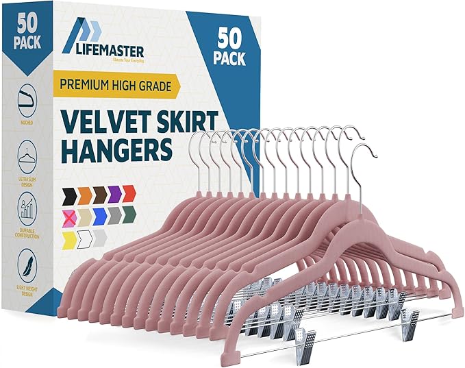 Velvet Pants Hangers – with Adjustable Clips, 360 Degree Swivel Hook, and Non-Slip Shoulder Notch, Holds Up to 10 lbs, for Organizing Skirt, Pants, Dress, and Clothes, Pack of 50, Pink