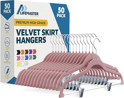 Velvet Pants Hangers – with Adjustable Clips, 360 Degree Swivel Hook, and Non-Slip Shoulder Notch, Holds Up to 10 lbs, for Organizing Skirt, Pants, Dress, and Clothes, Pack of 50, Pink