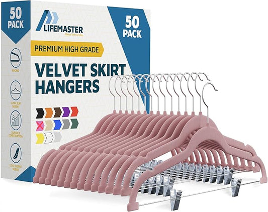 Velvet Pants Hangers – with Adjustable Clips, 360 Degree Swivel Hook, and Non-Slip Shoulder Notch, Holds Up to 10 lbs, for Organizing Skirt, Pants, Dress, and Clothes, Pack of 50, Pink