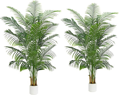 2 Pack Artificial Palm Tree Indoor Plant 7FT Tall Fake Tropical Palm Tree in Pot, Real Bark Design Faux Areca Palm Tree for Home Office Living Room Bedroom Farmhouse Modern Outdoor Topiary Tree