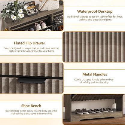 Shoe Cabinet Storage for Entryway with 2 Flip Drawers, Grey Fluted Shoe Cabinet with Open Storage, Wooden Hidden Shoe Rack Freestanding Narrow Slim Shoes Organizer for Hallway, Entrance