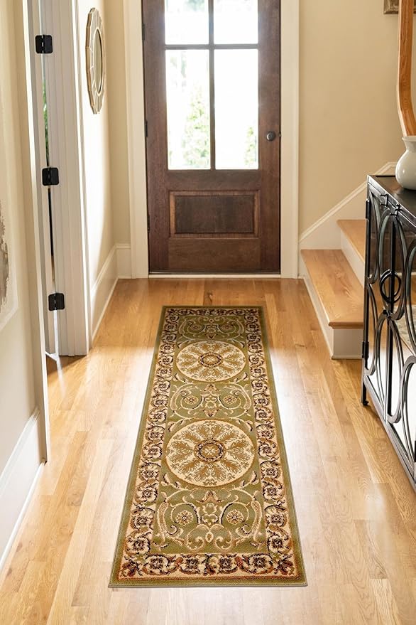 Rugs.com Chateau Collection Rug – 10 Ft Runner Light Green Medium-Pile Rug Perfect for Hallways, Entryways