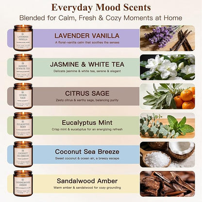 6-Pack Scented Soy Candle Set – Lavender Vanilla, Eucalyptus, Sandalwood, Jasmine & White Tea, Coconut, Sage | Natural Long Lasting Aromatherapy Candles for Home, Relaxation & Birthday Gifts