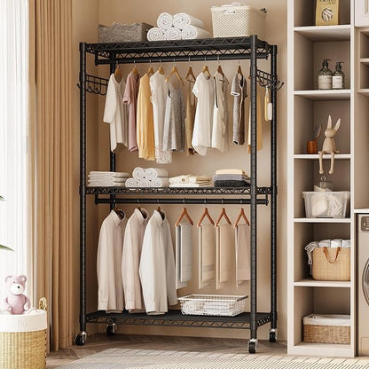 Homeiju Heavy Duty Rolling Garment Rack with Adjustable Wire Shelving, 3 Tiers Clothes Rack with Double Rods and Side Hooks, Freestanding Wardrobe Storage Rack Metal Clothing Rack, Black