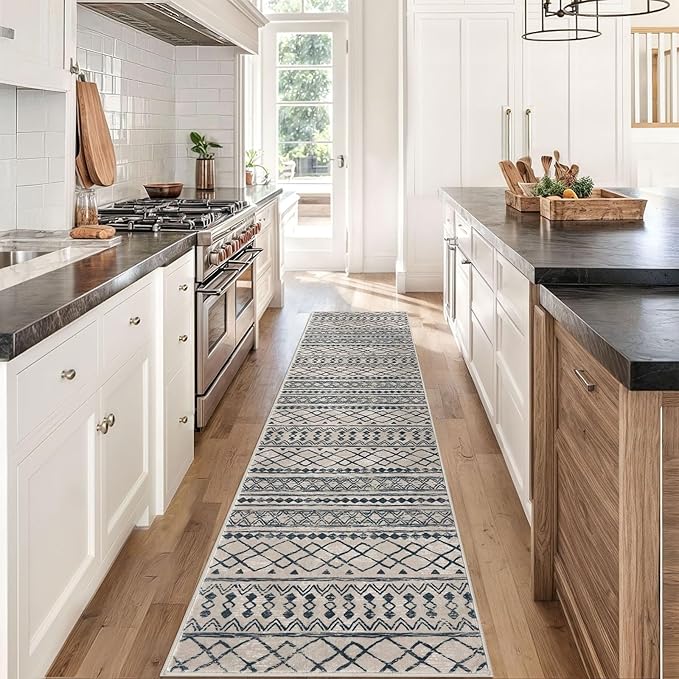 KUTA Boho Runners for Hallways 2x8 Light Brown Black Moroccan Washable Runner Rug Non-Slip Vintage Kitchen Rugs Ultra Soft Distressed Geometric Floor Carpet for Bedroom Laundry Living Room