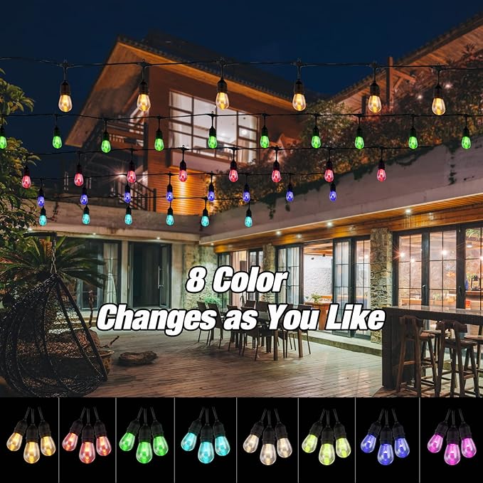 Outdoor String Lights, 24FT Color Changing Outdoor String Lights, Patio Lights Waterproof Porch Light with Remote, for Patio Decor