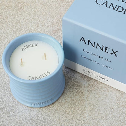 Scented Luxury Candles in Handmade Ceramic Jars, Soy Wax | Day On The Sea – Cypress & Cedar, Large Candle | Non Toxic, 2 Wicks, Reusable Big Blue Jar | Natural Spring Aromatherapy for Women & Men