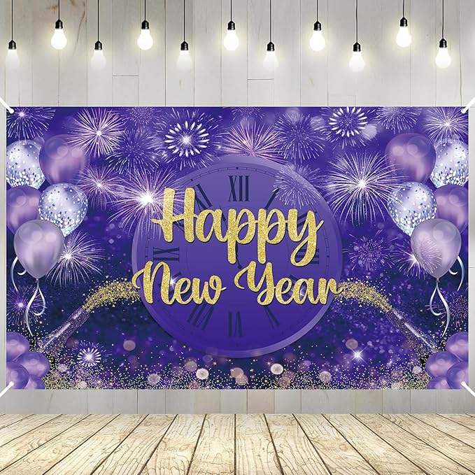 MEHOFOND Happy New Year Backdrop Purple 2025 New Year Eve Party Decorations Banner Supplies Shining Champagne Balloons Firework Photography Background New Years Eve Photo Studio Props 6 x 3.6 ft