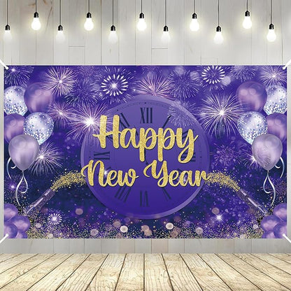 MEHOFOND Happy New Year Backdrop Purple 2025 New Year Eve Party Decorations Banner Supplies Shining Champagne Balloons Firework Photography Background New Years Eve Photo Studio Props 6 x 3.6 ft