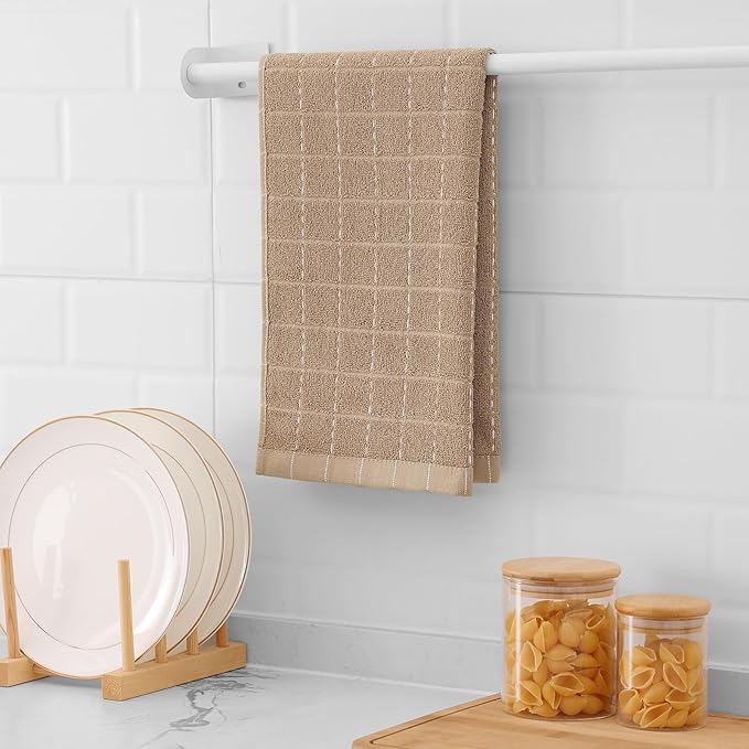 Mordimy 100% Cotton Terry Cloth Kitchen Towels, Super Soft and Absorbent Dish Towels for Drying, Checkered Designed Hand Towels for Kitchen, 16 x 26 Inches, 6 Pack, Tan