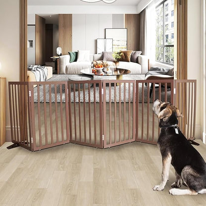Dog Gate Indoor, Freestanding Dog Fence for The House, Doorways, Hallways,or Stairs,Pet Gate Foldable Wooden,Expandable 32" Height 6 Panels,Brown