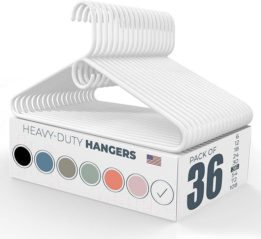 Made in USA Heavy Duty Plastic Clothes Hangers Bulk, 20 30 50 100 Pack Available, Strong Plastic Hangers, Jacket Coat Hangers, Thick Plastic Hanger for Closet and Clothing Hangars (36pk White)