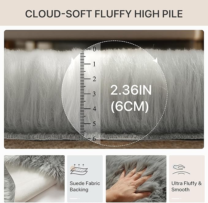 GENIMO 2x3 Fluffy Faux Fur Rug, Ultra Soft Shaggy Sheepskin Rug, Area Rugs for Bedroom, Living Room, Home Office, Light Grey