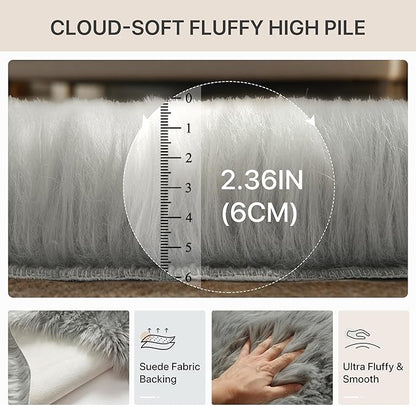 GENIMO 2x3 Fluffy Faux Fur Rug, Ultra Soft Shaggy Sheepskin Rug, Area Rugs for Bedroom, Living Room, Home Office, Light Grey
