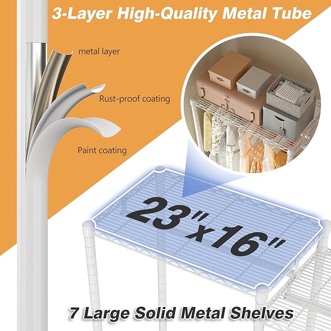 Raybee Heavy Duty Clothes Rack Load 900Lbs, Clothing Rack for Hanging Clothes for Bedroom 77" H x 69'' W x 16'' D,White