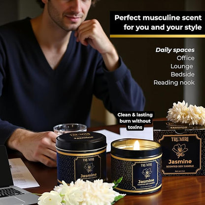 Jasmine Candle Strong Scented Soy Candel Clean Non Toxic Velas Aromáticas for Women Gift for Diwali Pack of 3 5Oz Decorative Tin Jars with Lids