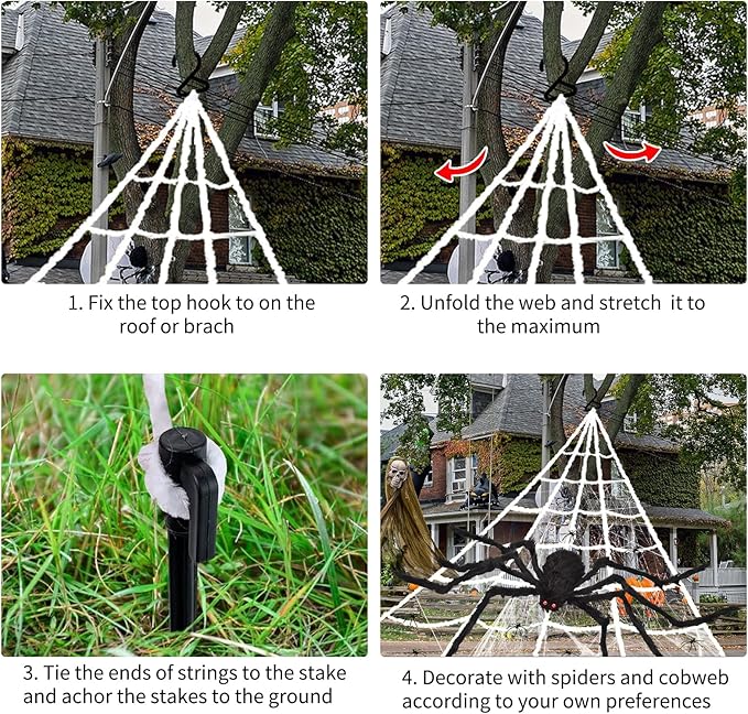 275" Halloween Triangle Spider Web and 59" Giant Spider Decorations Set with Stretch Cobweb - Halloween Party Supplies for Indoor Home Yard Patio Garden Haunted House Decor