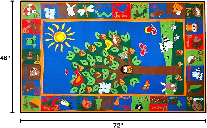 Forest Rug with Animal Alphabet, 4' x 6' Rectangle Animal Playroom Rug for Boys Girls | Area Rug for Kids Room Nursery Decor | Educational Learning for Children's Classroom