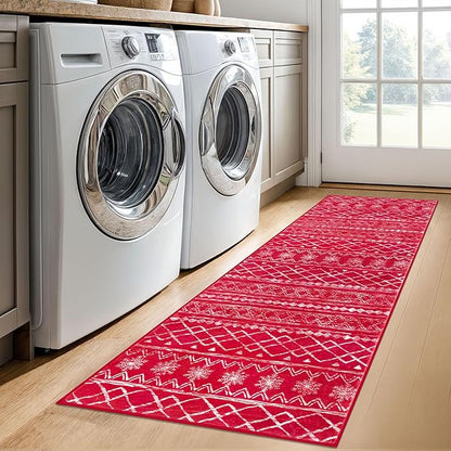 KUTA Christmas Washable Hallway Runner Rug, 2x6 Non-Slip Vintage Red Boho Rugs Kitchen Runners Red Ultra Soft Distressed Geometric Floor Carpet for Bedroom Laundry Living Room