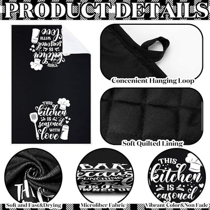 Sratte 6 Pcs Kitchen Decor Accessories Set Farmhouse Towels Pot Holders Oven Mitts Set 2 Dish Towels 2 Potholders 2 Cooking Mittens Oven Glove for Christmas Baking Cooking Supply(Black,Baking)