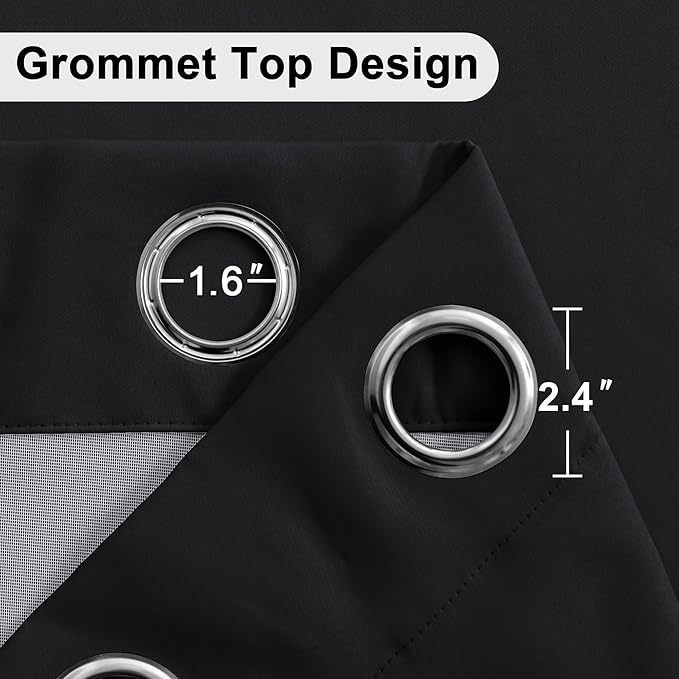 XWZO 100% Blackout Curtains 84 Inches Long with Tiebacks- Privacy Protection, Energy Efficiency Window Draperies Grommet Top with Black Liner for Bedroom/Living Room, Black, W42 x L84, Set of 2