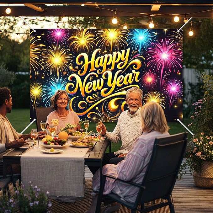 2026 Happy New Year Banner Fireworks Party Backdrop Gold Lettering New Year Eve Wall Decor Large Celebration Photo Background for Indoor Outdoor Holiday Events