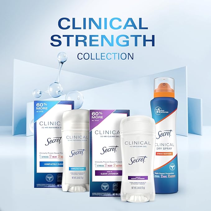 Secret Clinical Strength Antiperspirant Deodorant for Women, 3X Stress Protection, 72hr Sweat & Odor Protection, PH Balancing Minerals, Clear Gel, Completely Clean Scent, 2.6 oz