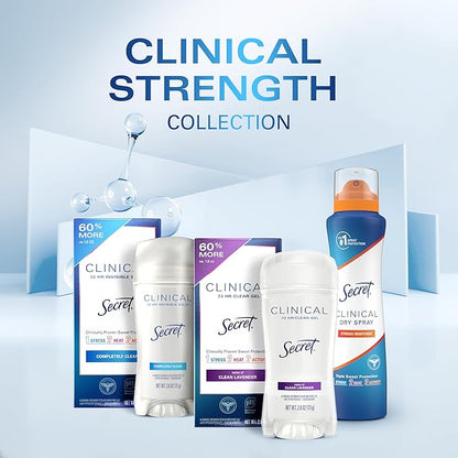 Secret Clinical Strength Antiperspirant Deodorant for Women, 3X Stress Protection, 72hr Sweat & Odor Protection, PH Balancing Minerals, Clear Gel, Completely Clean Scent, 2.6 oz