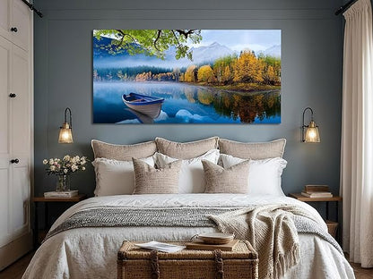 Arjun Lake Canvas Wall Art Blue Mountain Sky Nature Landscape Picture Boat Artwork Modern Scenic Painting Framed for Living Room Bedroom Dinning Room Home Office Wall Decor, Extra Large Size 58"x29"
