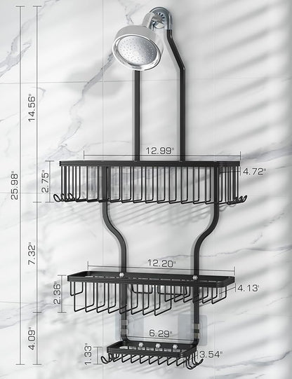 YASONIC Shower Caddy Over Shower Head Never Rust Aluminum Large Hanging Shower Caddy with 10 Hooks for Razor/Sponge - Over The Shower Head Caddy with Soap Basket - Hanging Shower Organizer Black